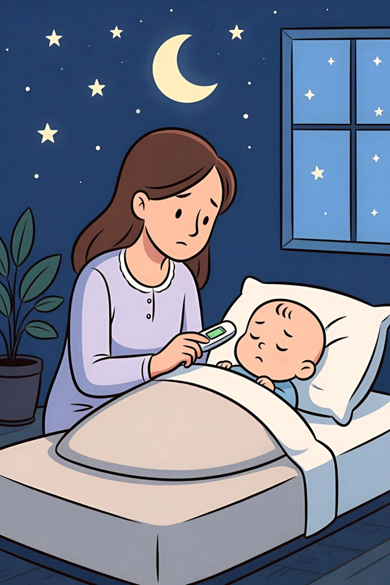 Illustration of a mother taking her child's temperature